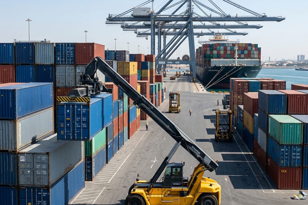 Reach-stacker moving a shipping container in a busy Saudi port container yard at daytime