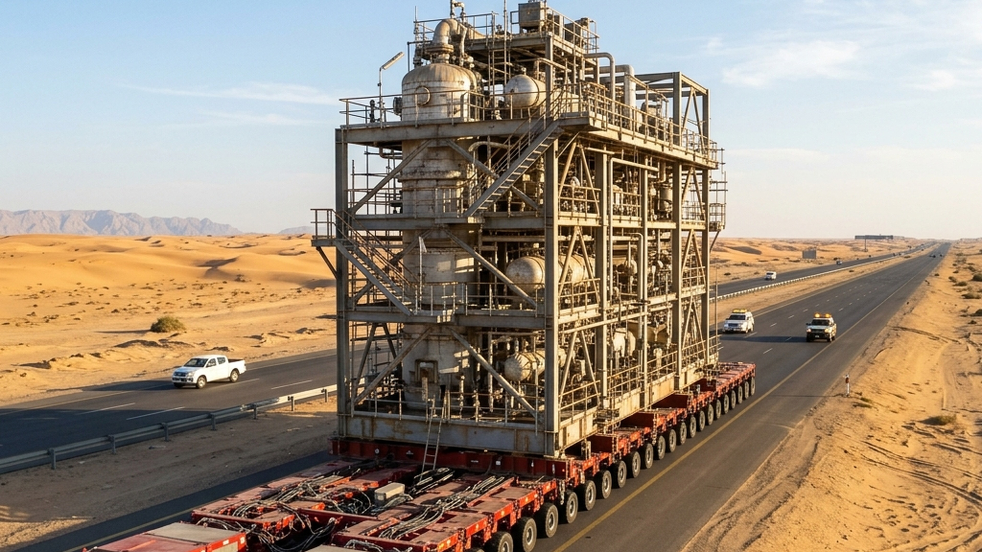 Oversized industrial module transported by multi-axle trailer in Saudi Arabia