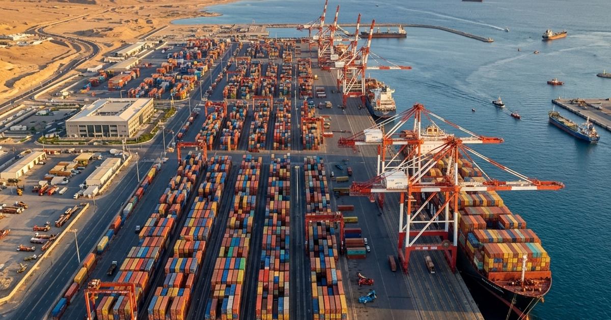 Containers being loaded at a port for shipping to Saudi Arabia