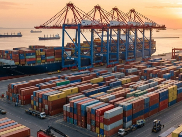 Container terminal operations at a Saudi Arabia port with stacked shipping containers and gantry cranes