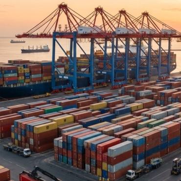 Container terminal operations at a Saudi Arabia port with stacked shipping containers and gantry cranes