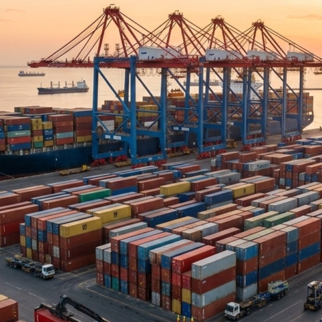 Container terminal operations at a Saudi Arabia port with stacked shipping containers and gantry cranes