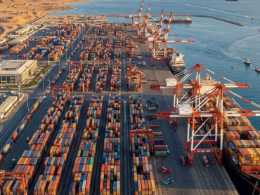 Aerial view of container ships and gantry cranes at Jeddah Islamic Port on the Red Sea, Saudi Arabia