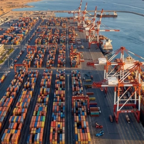 Aerial view of container ships and gantry cranes at Jeddah Islamic Port on the Red Sea, Saudi Arabia