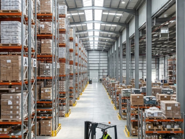 Modern 3PL distribution warehouse with high racking and forklift in Saudi Arabia