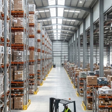 Modern 3PL distribution warehouse with high racking and forklift in Saudi Arabia